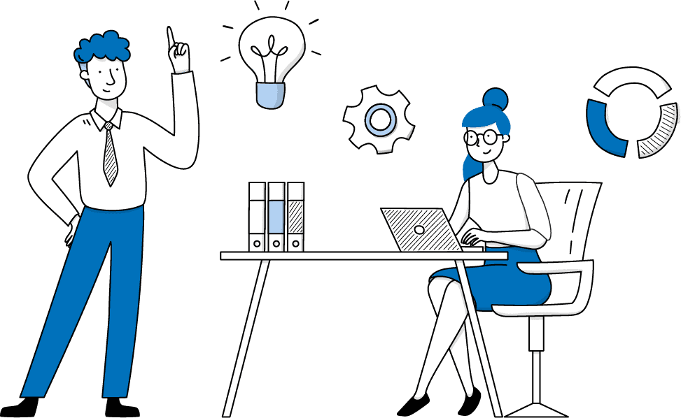 電球や歯車とともにアイデアを語るビジネスマンと女性のイラスト