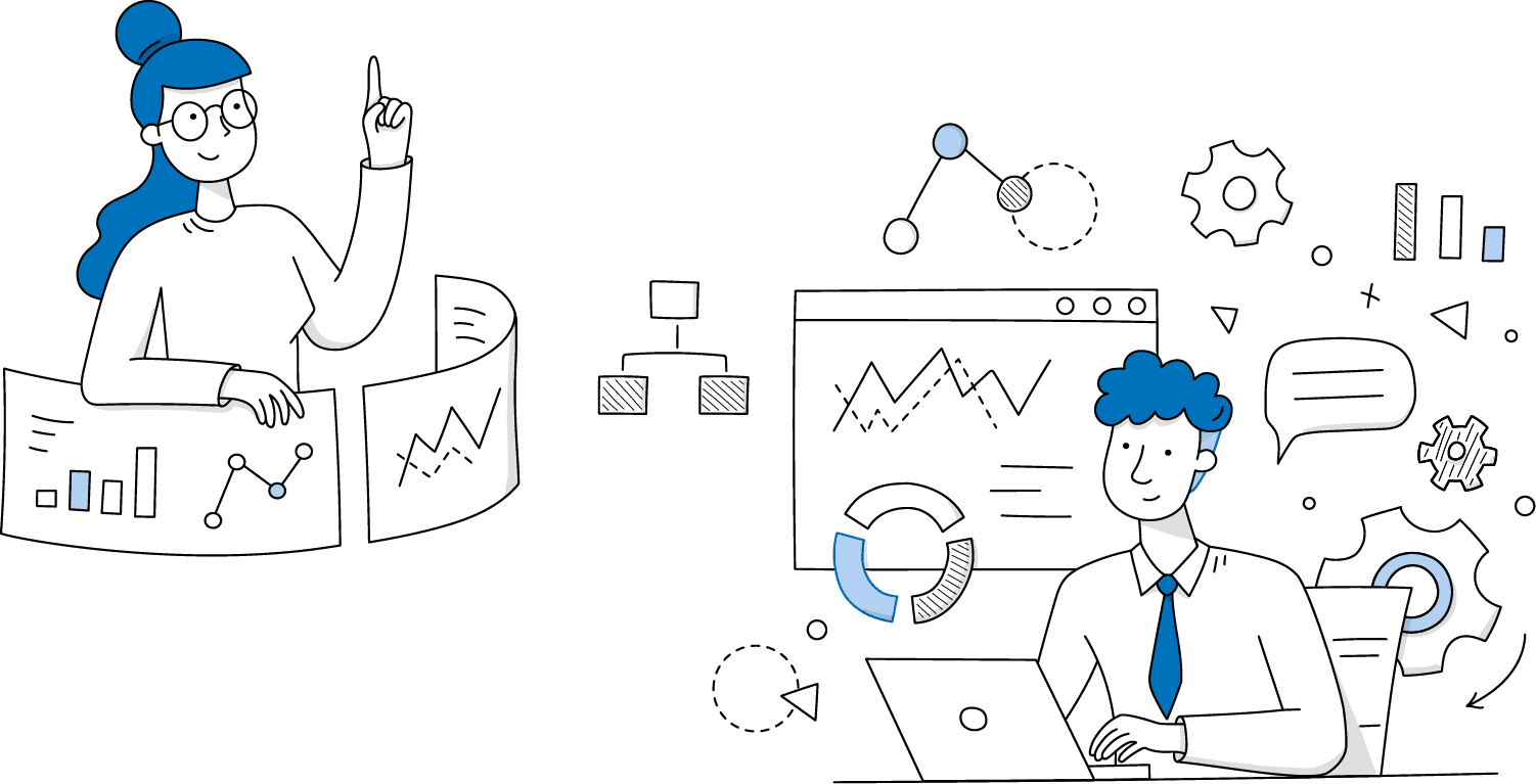 資料とパソコンを前に会議をしている男女のイラスト