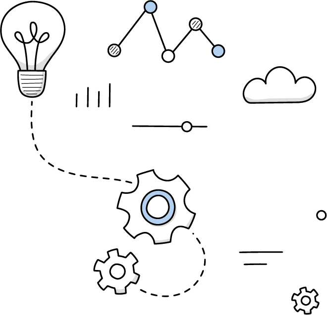 電球、ギア、波線などの装飾イラスト