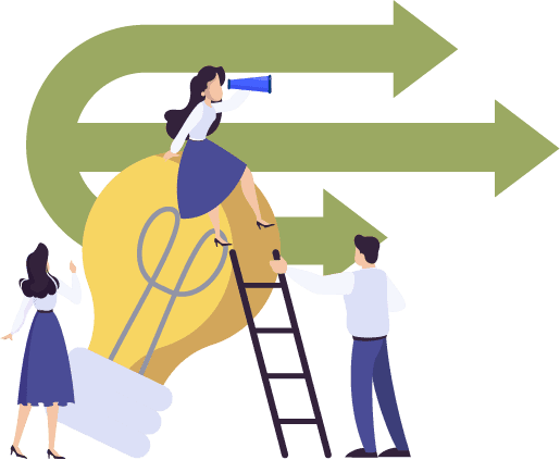 複数の矢印と電球を持つビジネスパーソンのイラスト